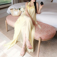 Halter flower applique textured irregular maxi dress