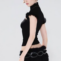 High neck hollow out short sleeve fluffy cut out top