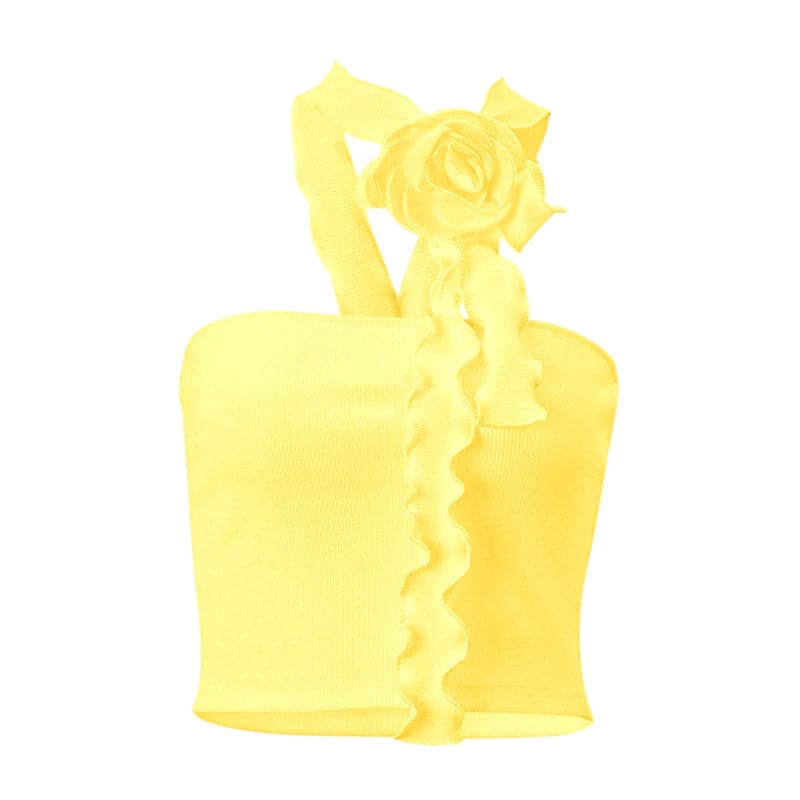 Ribbed flower applique solid backless halter 2-way crop top