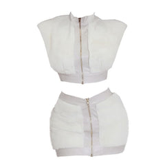 Cap sleeve fluffy PU leather patchwork zip-up mini skirt set