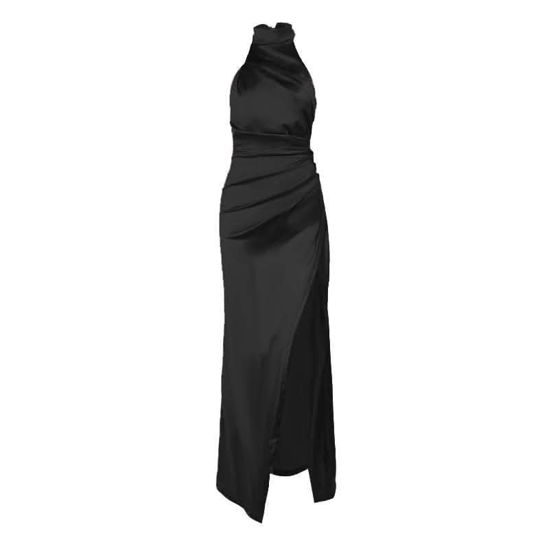 Ruched solid satin zip-up halter backless slit maxi dress-final-sale