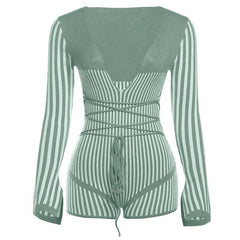 Slit long sleeve deep V neck striped self tie romper