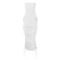 Ruched backless solid drawstring tube midi dress-final-sale