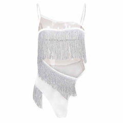Irregular mesh see through tassels contrast backless cami bodysuit-final-sale