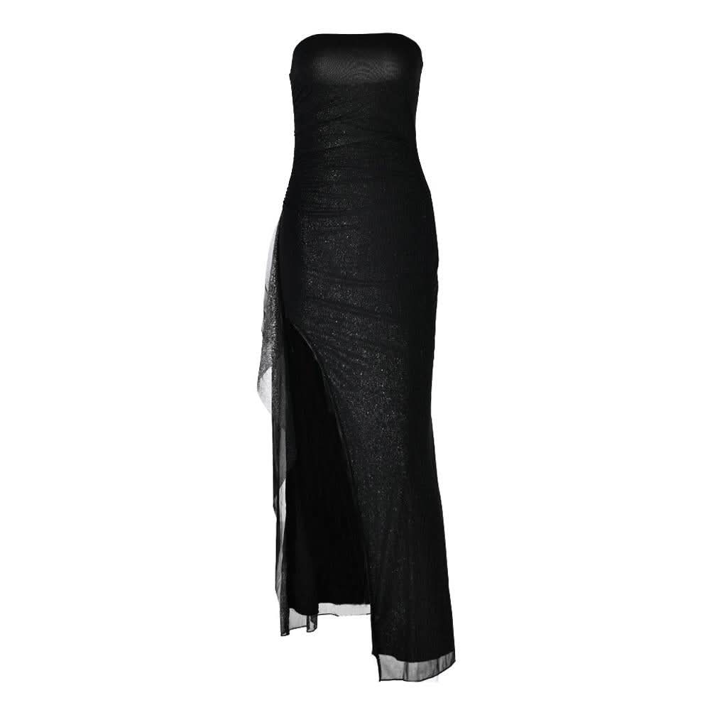 Slit ruched backless irregular tube maxi dress