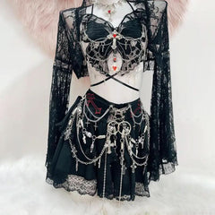 Long sleeve lace butterfly pattern metal chain top