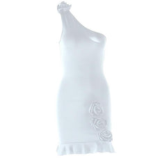 One shoulder irregular flower applique ruffle mini dress