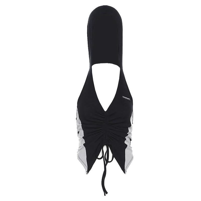 Hoodie v neck ruched drawstring metal tag top