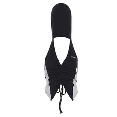 Hoodie v neck ruched drawstring metal tag top