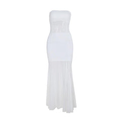 Mesh patchwork solid stitch tube maxi dress