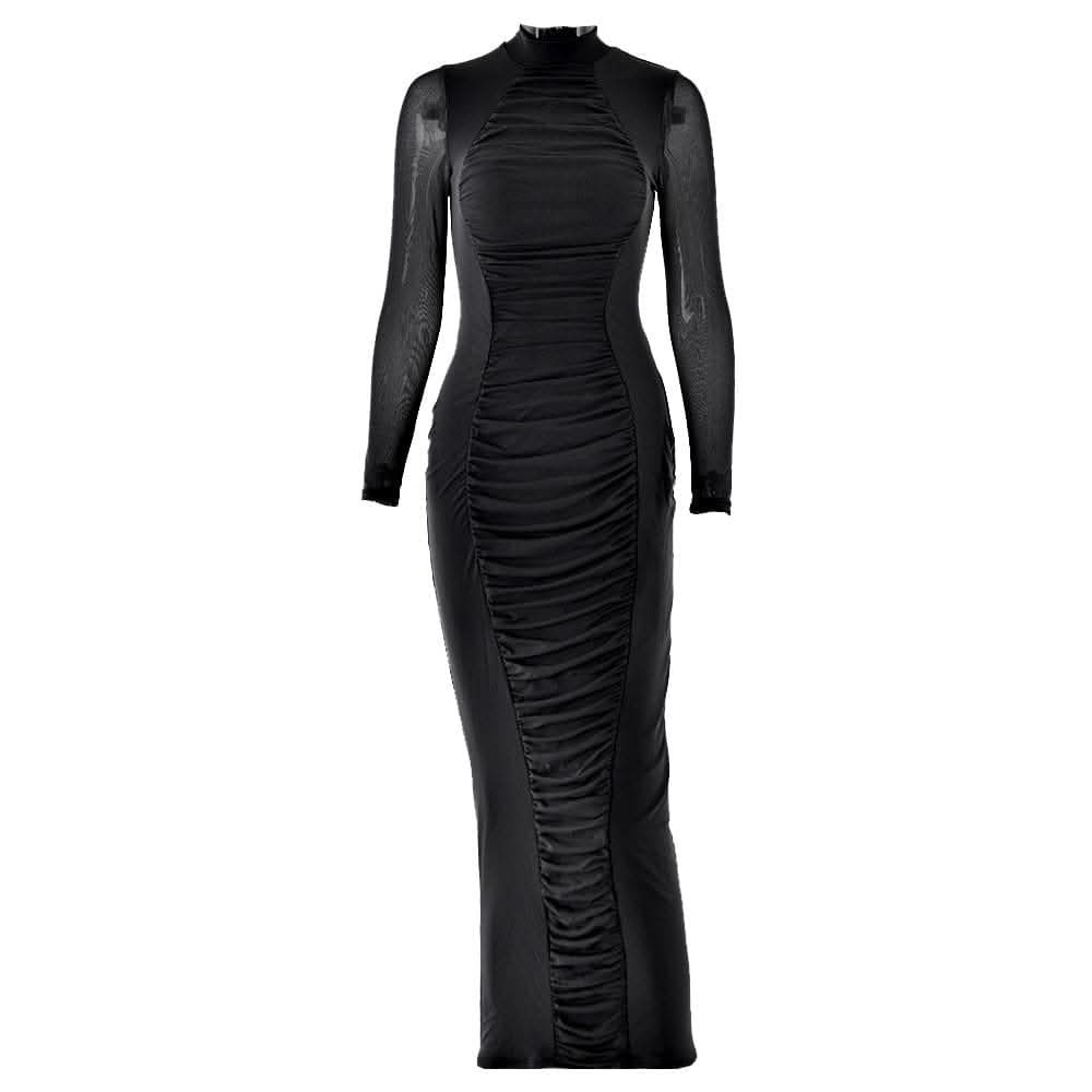 Long sleeve ruched mesh patchwork maxi dress-final-sale