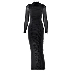 Long sleeve ruched mesh patchwork maxi dress-final-sale