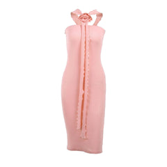 Ribbed solid slit flower applique ribbon ruffle midi dress-final-sale
