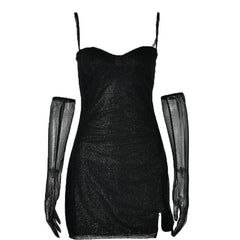 Textured mesh gloves sweetheart neck zip-up slit cami mini dress-final-sale