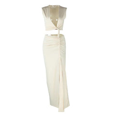 Irregular ruched slit hollow out v neck cut out maxi dress