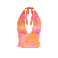 Self tie halter flower print backless contrast top
