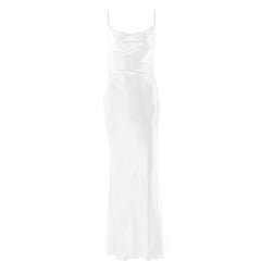 Cowl neck satin flower applique backless cami maxi dress