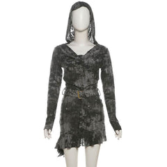 Hoodie long sleeve belt hollow out cut out mini dress