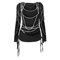 Drawstring long sleeve beaded print contrast backless top-final-sale
