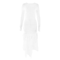 Long sleeve crewneck lace backless ruched midi dress