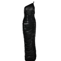 Metallic one shoulder solid ruched zip-up maxi dress-final-sale