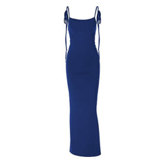 Self tie backless ruched square neck solid maxi dress