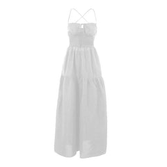 Drawstring ruched cross back backless cami maxi dress
