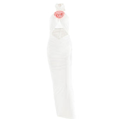 Ruched halter flower applique hollow out cross front contrast cut out maxi dress