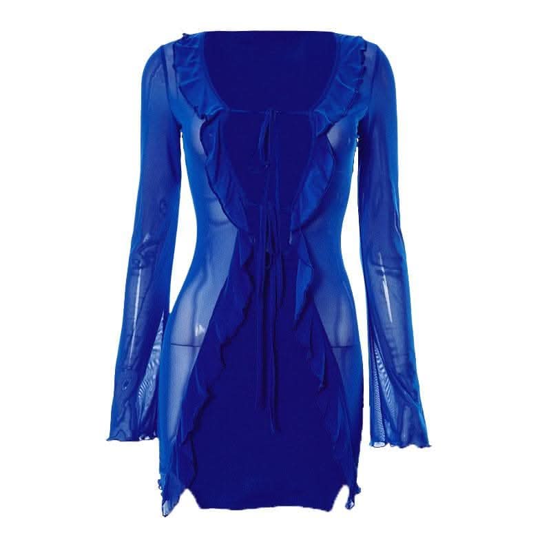Long sleeve contrast print self tie ruffle mini dress-final-sale