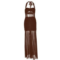 Halter patchwork mesh ruched ruffle maxi dress