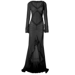 Long sleeve ruffle hollow out v neck sheer mesh cut out maxi dress-final-sale