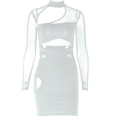 Long sleeve hollow out high neck mesh patchwork cut out mini dress