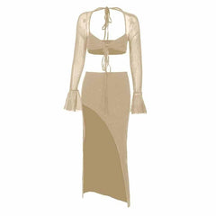 Self tie long sleeve textured backless slit low cut midi skirt set-final-sale