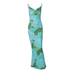 Backless cowl neck v neck contrast print cami maxi dress-final-sale