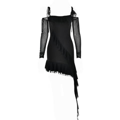 Ruffle self tie irregular off shoulder mesh long sleeve mini dress-final-sale
