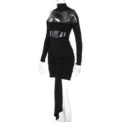 High neck long sleeve ruched hollow out cut out mini dress