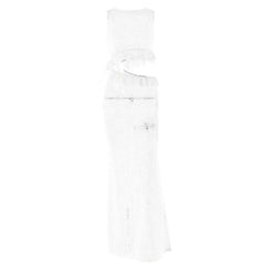 Crewneck hollow out lace ruched see through cut out maxi dress