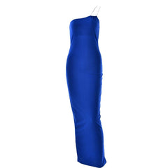 Metal chain one shoulder solid slit maxi dress-final-sale