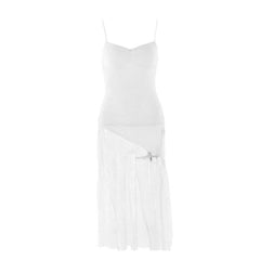 V neck ruched irregular lace spaghetti strap midi dress