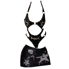 Halter beaded skeleton print o ring mini bodysuit