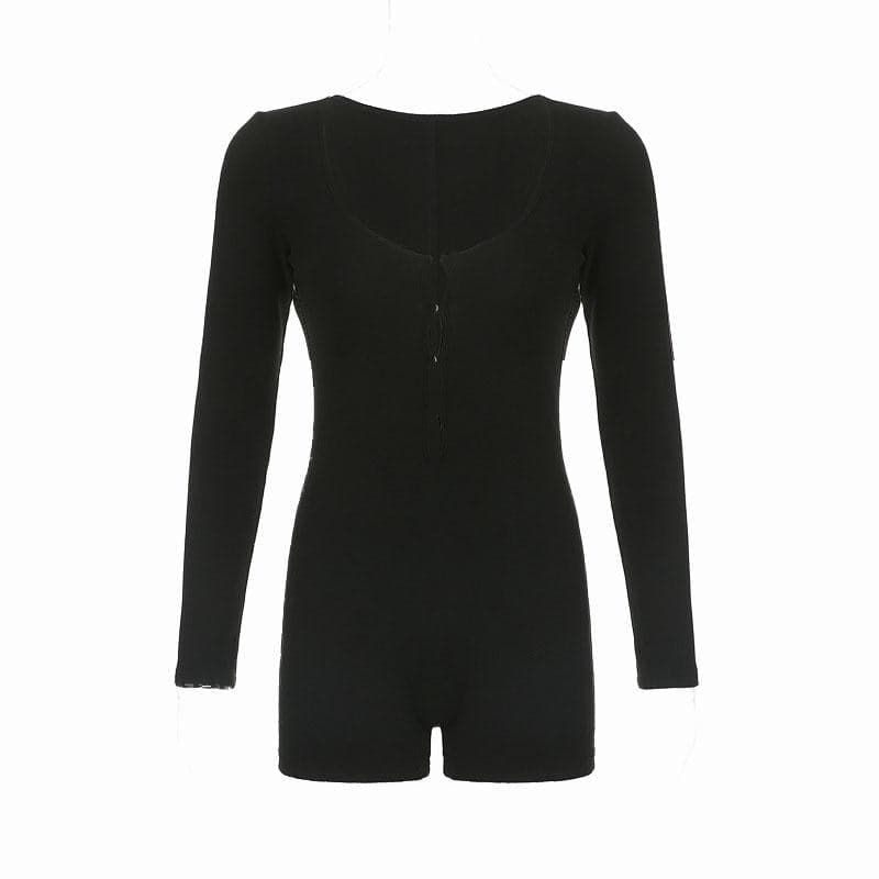Long sleeve solid button u neck hollow out romper