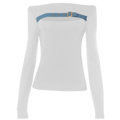 Long sleeve off shoulder buckle hollow out contrast cut out top