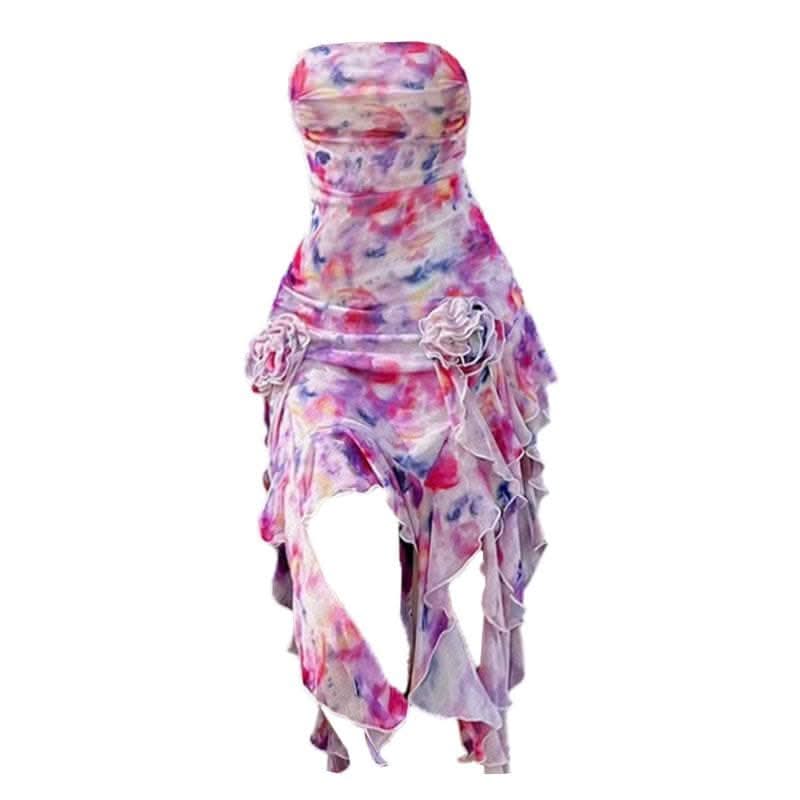 Contrast print flower applique ruched tube midi dress-final-sale