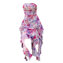 Contrast print flower applique ruched tube midi dress-final-sale