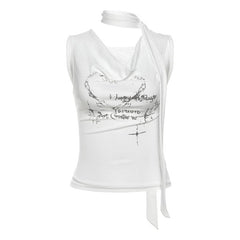 Cowl neck letter print sleeveless contrast crop top