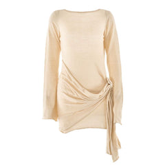 Long sleeve flower applique ruched backless mini dress