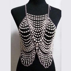 Metal chain beaded hollow out u neck backless cut out top