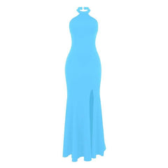 Halter backless high slit solid maxi dress-final-sale