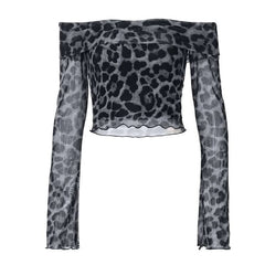 Long sleeve off shoulder leopard print ruffle top