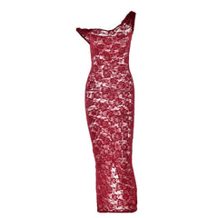 Irregular lace slit see through solid midi dress-final-sale